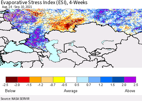 Russian Federation Evaporative Stress Index (ESI), 4-Weeks Thematic Map For 9/6/2021 - 9/12/2021