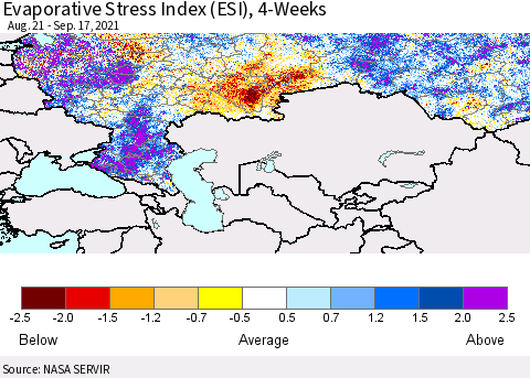 Russian Federation Evaporative Stress Index (ESI), 4-Weeks Thematic Map For 9/13/2021 - 9/19/2021