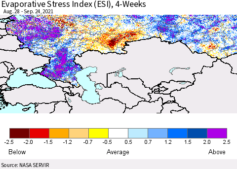Russian Federation Evaporative Stress Index (ESI), 4-Weeks Thematic Map For 9/20/2021 - 9/26/2021