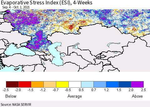 Russian Federation Evaporative Stress Index (ESI), 4-Weeks Thematic Map For 9/27/2021 - 10/3/2021