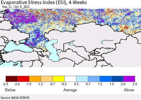 Russian Federation Evaporative Stress Index (ESI), 4-Weeks Thematic Map For 10/4/2021 - 10/10/2021