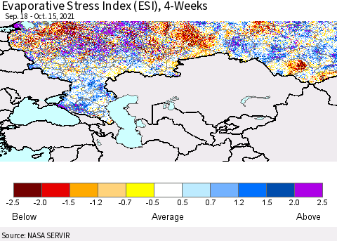 Russian Federation Evaporative Stress Index (ESI), 4-Weeks Thematic Map For 10/11/2021 - 10/17/2021