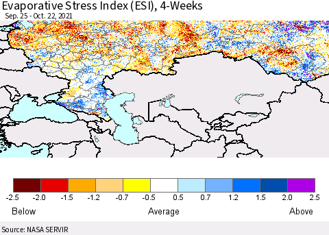 Russian Federation Evaporative Stress Index (ESI), 4-Weeks Thematic Map For 10/18/2021 - 10/24/2021