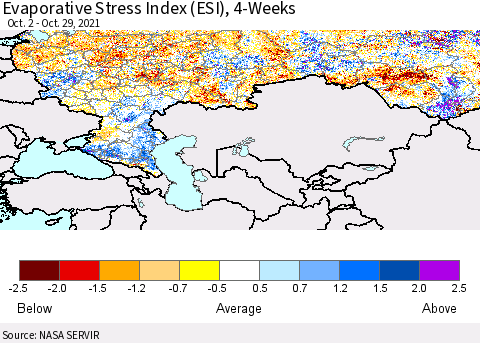 Russian Federation Evaporative Stress Index (ESI), 4-Weeks Thematic Map For 10/25/2021 - 10/31/2021