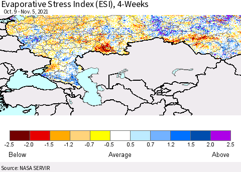 Russian Federation Evaporative Stress Index (ESI), 4-Weeks Thematic Map For 11/1/2021 - 11/7/2021