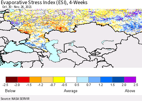 Russian Federation Evaporative Stress Index (ESI), 4-Weeks Thematic Map For 11/22/2021 - 11/28/2021