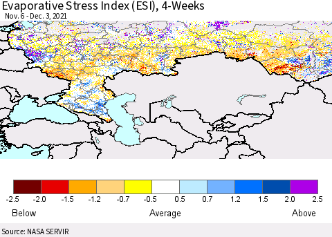 Russian Federation Evaporative Stress Index (ESI), 4-Weeks Thematic Map For 11/29/2021 - 12/5/2021