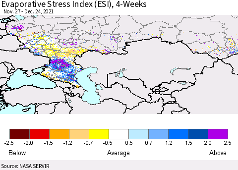 Russian Federation Evaporative Stress Index (ESI), 4-Weeks Thematic Map For 12/20/2021 - 12/26/2021