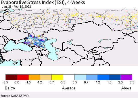 Russian Federation Evaporative Stress Index (ESI), 4-Weeks Thematic Map For 2/14/2022 - 2/20/2022
