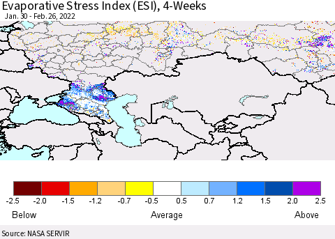 Russian Federation Evaporative Stress Index (ESI), 4-Weeks Thematic Map For 2/21/2022 - 2/27/2022