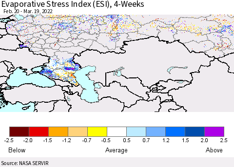 Russian Federation Evaporative Stress Index (ESI), 4-Weeks Thematic Map For 3/14/2022 - 3/20/2022