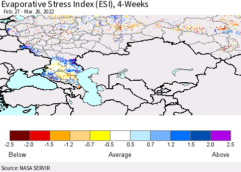Russian Federation Evaporative Stress Index (ESI), 4-Weeks Thematic Map For 3/21/2022 - 3/27/2022