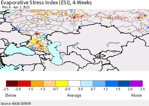 Russian Federation Evaporative Stress Index (ESI), 4-Weeks Thematic Map For 3/28/2022 - 4/3/2022