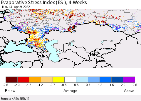 Russian Federation Evaporative Stress Index (ESI), 4-Weeks Thematic Map For 4/4/2022 - 4/10/2022