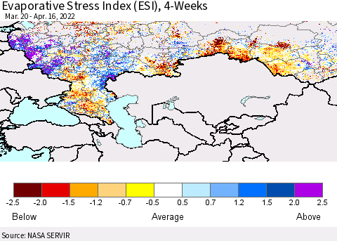 Russian Federation Evaporative Stress Index (ESI), 4-Weeks Thematic Map For 4/11/2022 - 4/17/2022