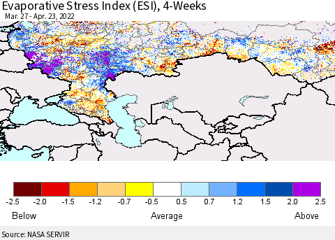 Russian Federation Evaporative Stress Index (ESI), 4-Weeks Thematic Map For 4/18/2022 - 4/24/2022