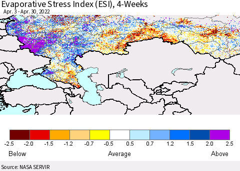 Russian Federation Evaporative Stress Index (ESI), 4-Weeks Thematic Map For 4/25/2022 - 5/1/2022