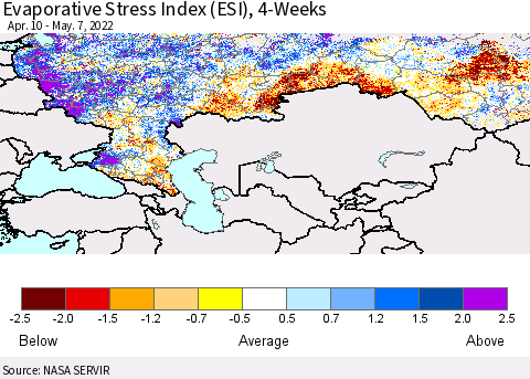 Russian Federation Evaporative Stress Index (ESI), 4-Weeks Thematic Map For 5/2/2022 - 5/8/2022