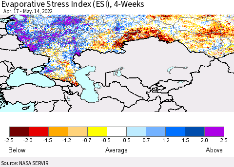 Russian Federation Evaporative Stress Index (ESI), 4-Weeks Thematic Map For 5/9/2022 - 5/15/2022