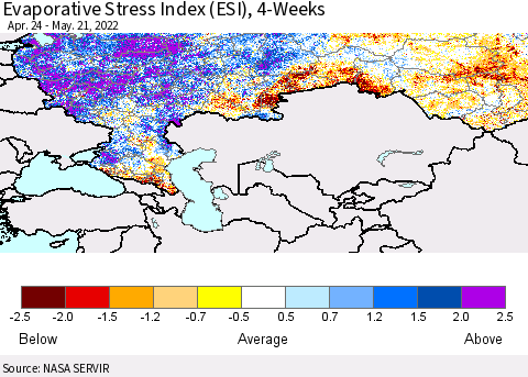 Russian Federation Evaporative Stress Index (ESI), 4-Weeks Thematic Map For 5/16/2022 - 5/22/2022