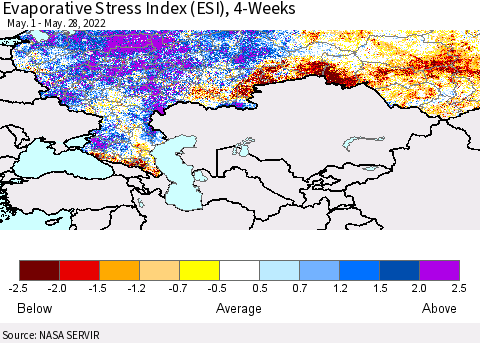 Russian Federation Evaporative Stress Index (ESI), 4-Weeks Thematic Map For 5/23/2022 - 5/29/2022
