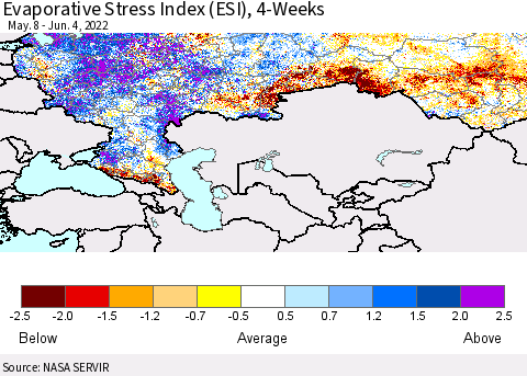 Russian Federation Evaporative Stress Index (ESI), 4-Weeks Thematic Map For 5/30/2022 - 6/5/2022