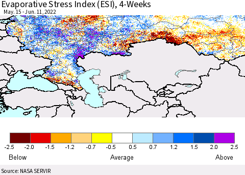 Russian Federation Evaporative Stress Index (ESI), 4-Weeks Thematic Map For 6/6/2022 - 6/12/2022