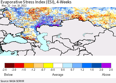 Russian Federation Evaporative Stress Index (ESI), 4-Weeks Thematic Map For 6/13/2022 - 6/19/2022
