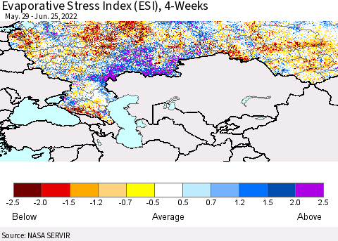 Russian Federation Evaporative Stress Index (ESI), 4-Weeks Thematic Map For 6/20/2022 - 6/26/2022