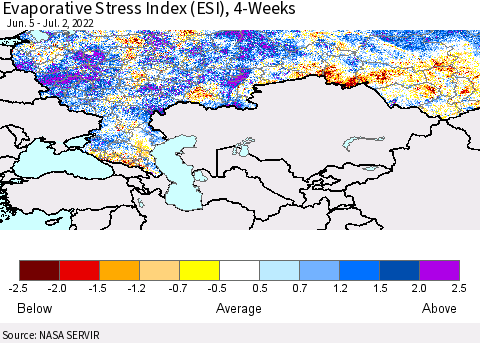 Russian Federation Evaporative Stress Index (ESI), 4-Weeks Thematic Map For 6/27/2022 - 7/3/2022