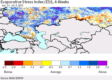 Russian Federation Evaporative Stress Index (ESI), 4-Weeks Thematic Map For 7/4/2022 - 7/10/2022