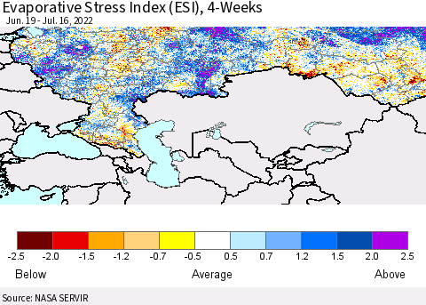 Russian Federation Evaporative Stress Index (ESI), 4-Weeks Thematic Map For 7/11/2022 - 7/17/2022