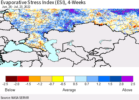 Russian Federation Evaporative Stress Index (ESI), 4-Weeks Thematic Map For 7/18/2022 - 7/24/2022