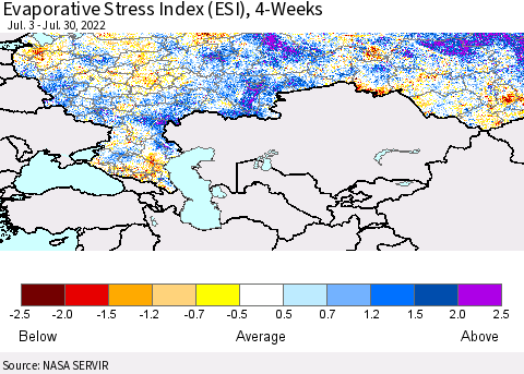 Russian Federation Evaporative Stress Index (ESI), 4-Weeks Thematic Map For 7/25/2022 - 7/31/2022
