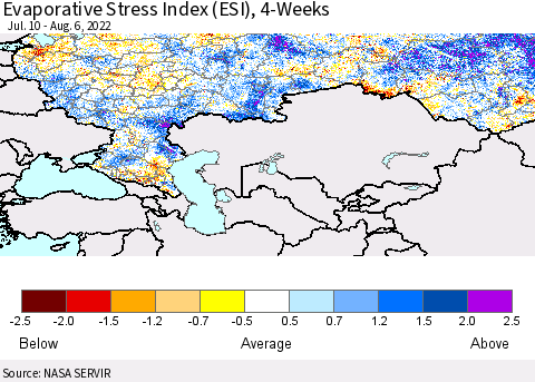 Russian Federation Evaporative Stress Index (ESI), 4-Weeks Thematic Map For 8/1/2022 - 8/7/2022