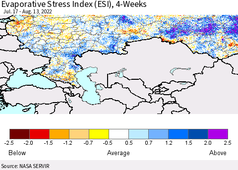 Russian Federation Evaporative Stress Index (ESI), 4-Weeks Thematic Map For 8/8/2022 - 8/14/2022