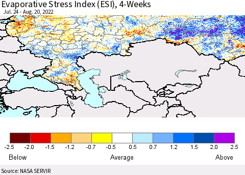 Russian Federation Evaporative Stress Index (ESI), 4-Weeks Thematic Map For 8/15/2022 - 8/21/2022
