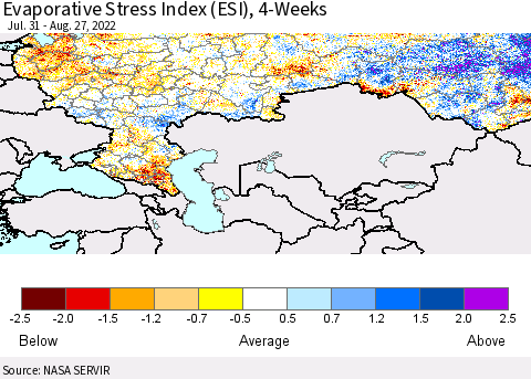 Russian Federation Evaporative Stress Index (ESI), 4-Weeks Thematic Map For 8/22/2022 - 8/28/2022