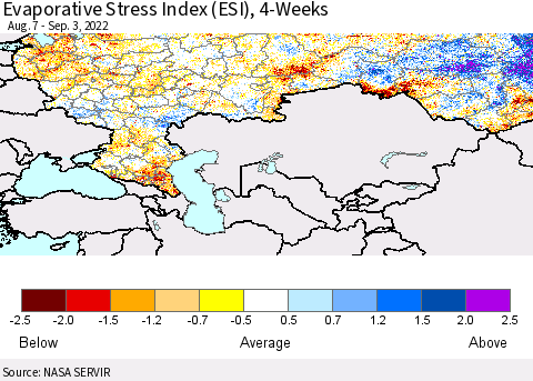 Russian Federation Evaporative Stress Index (ESI), 4-Weeks Thematic Map For 8/29/2022 - 9/4/2022