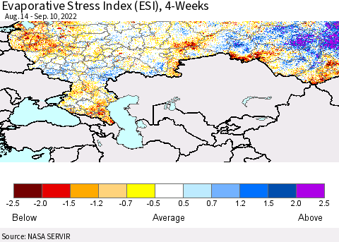 Russian Federation Evaporative Stress Index (ESI), 4-Weeks Thematic Map For 9/5/2022 - 9/11/2022