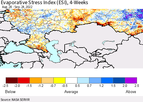 Russian Federation Evaporative Stress Index (ESI), 4-Weeks Thematic Map For 9/19/2022 - 9/25/2022