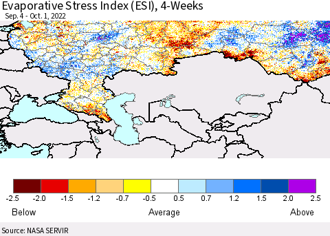 Russian Federation Evaporative Stress Index (ESI), 4-Weeks Thematic Map For 9/26/2022 - 10/2/2022