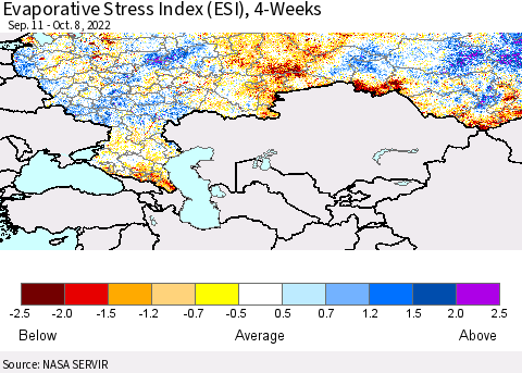 Russian Federation Evaporative Stress Index (ESI), 4-Weeks Thematic Map For 10/3/2022 - 10/9/2022