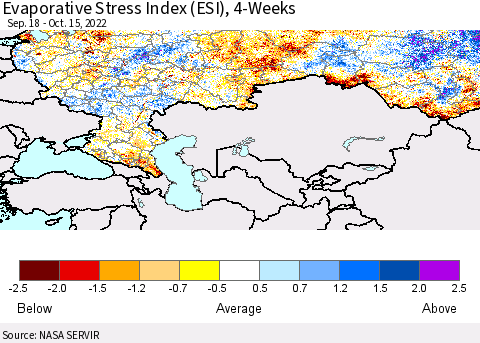 Russian Federation Evaporative Stress Index (ESI), 4-Weeks Thematic Map For 10/10/2022 - 10/16/2022