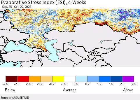 Russian Federation Evaporative Stress Index (ESI), 4-Weeks Thematic Map For 10/17/2022 - 10/23/2022