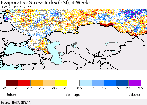 Russian Federation Evaporative Stress Index (ESI), 4-Weeks Thematic Map For 10/24/2022 - 10/30/2022