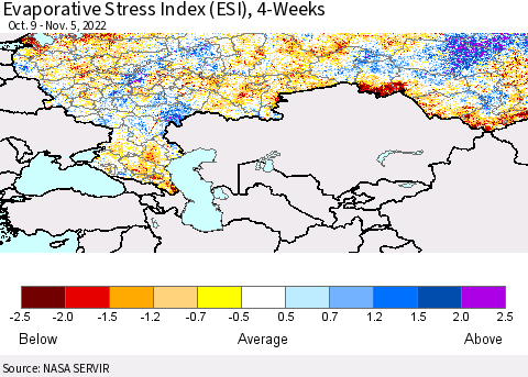 Russian Federation Evaporative Stress Index (ESI), 4-Weeks Thematic Map For 10/31/2022 - 11/6/2022