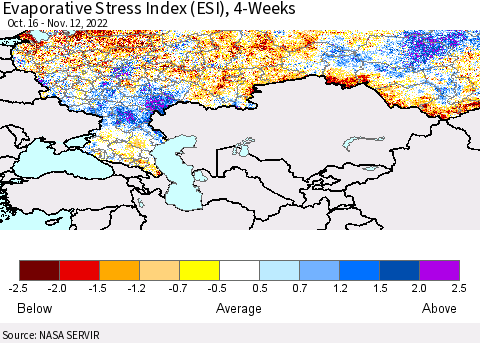 Russian Federation Evaporative Stress Index (ESI), 4-Weeks Thematic Map For 11/7/2022 - 11/13/2022