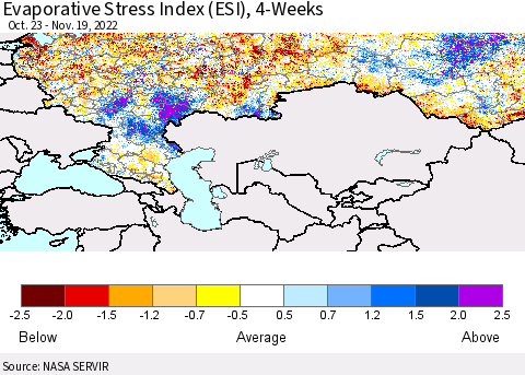 Russian Federation Evaporative Stress Index (ESI), 4-Weeks Thematic Map For 11/14/2022 - 11/20/2022