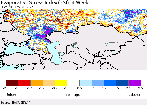 Russian Federation Evaporative Stress Index (ESI), 4-Weeks Thematic Map For 11/21/2022 - 11/27/2022